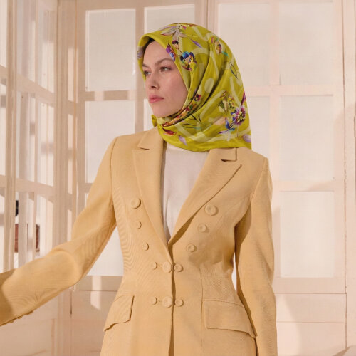 Açık Yeşil Flora Sembol Desen Twill İpek Eşarp - Vismara