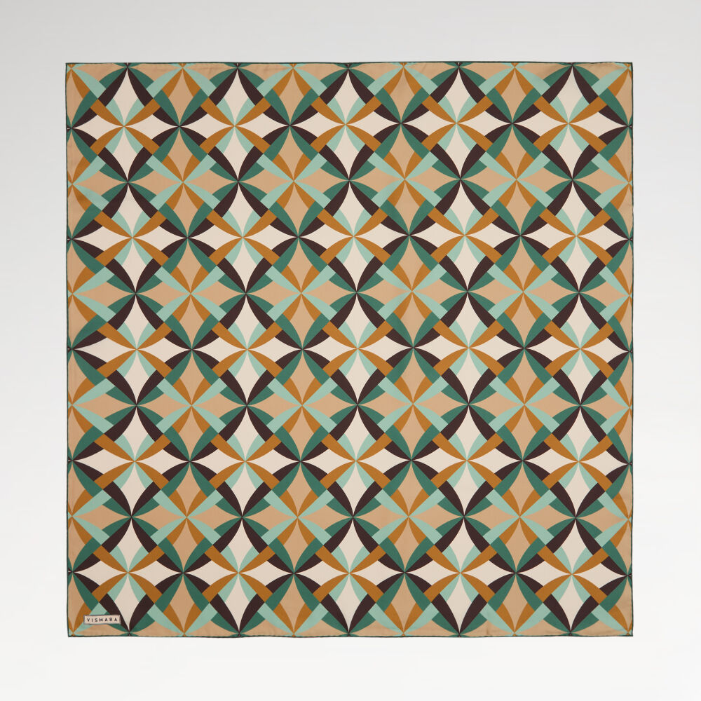 Aqua Green Antique Mosaic Patterned Twill Silk Square Scarf