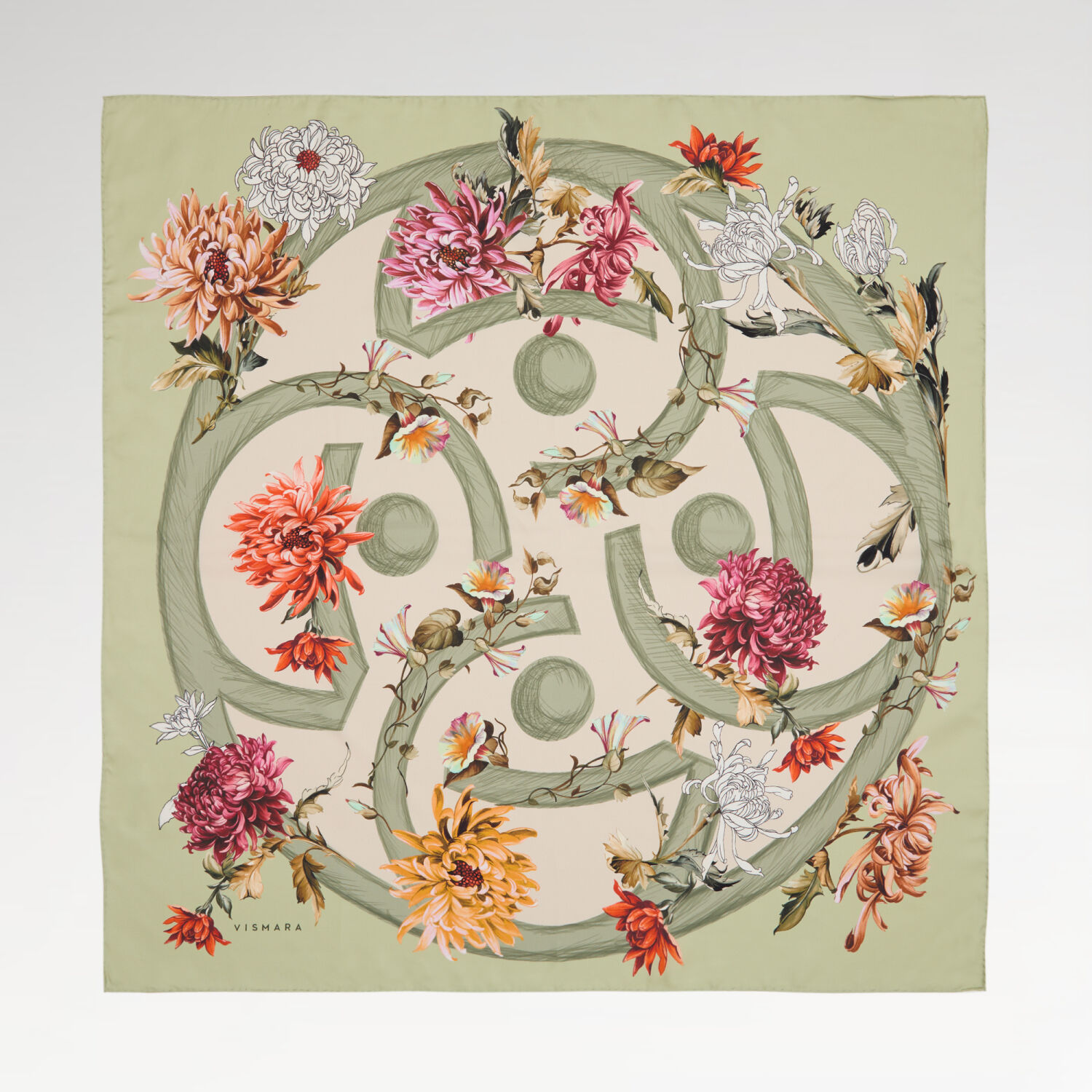 Aqua Green Flower Magic Patterned Twill Silk Square Scarf - 1