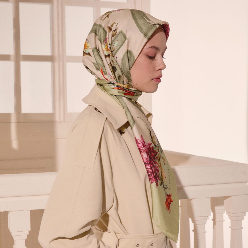 Aqua Green Flower Magic Patterned Twill Silk Square Scarf - Vismara