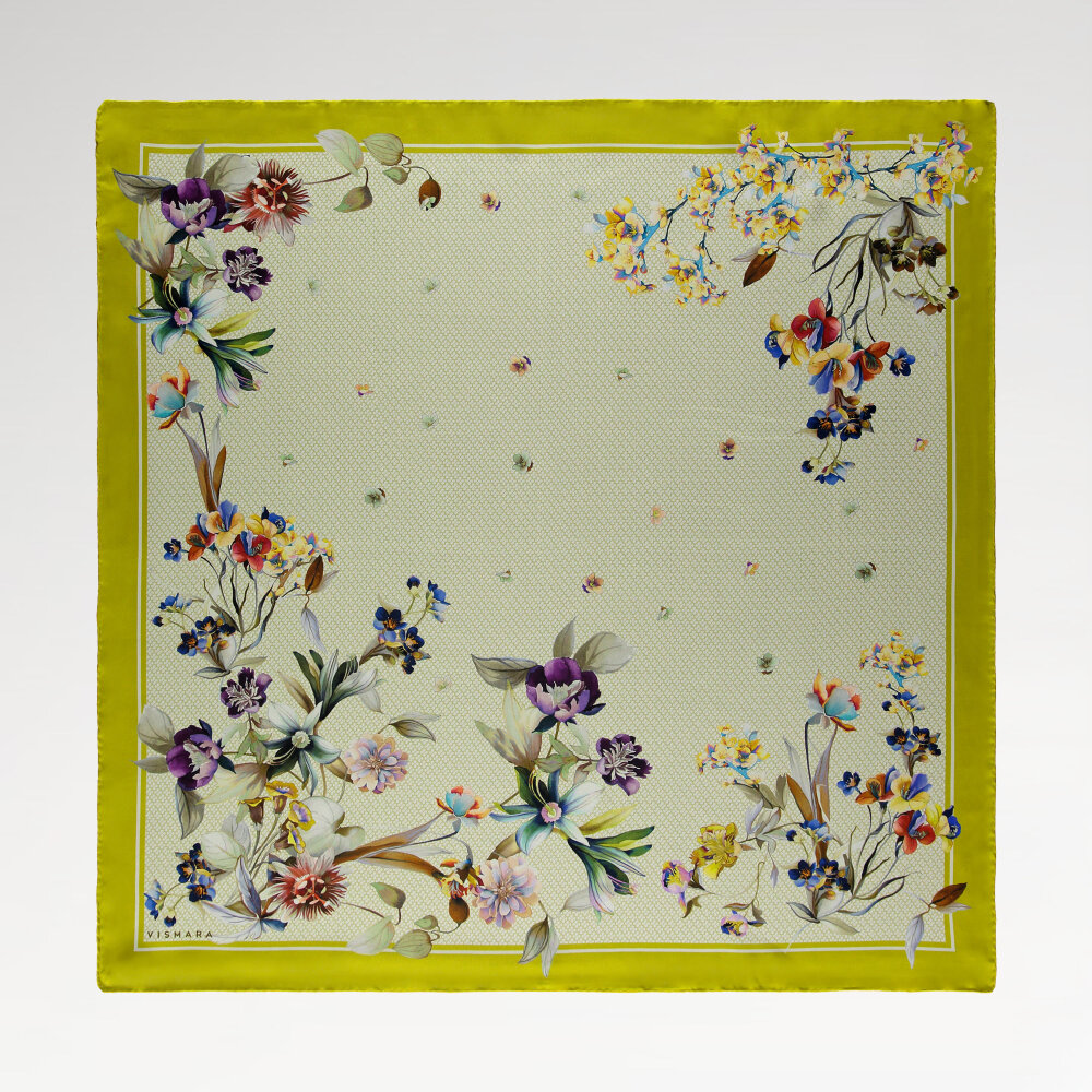 Aqua Green Monogram Flower Garden Patterned Silk Square Scarf - 1