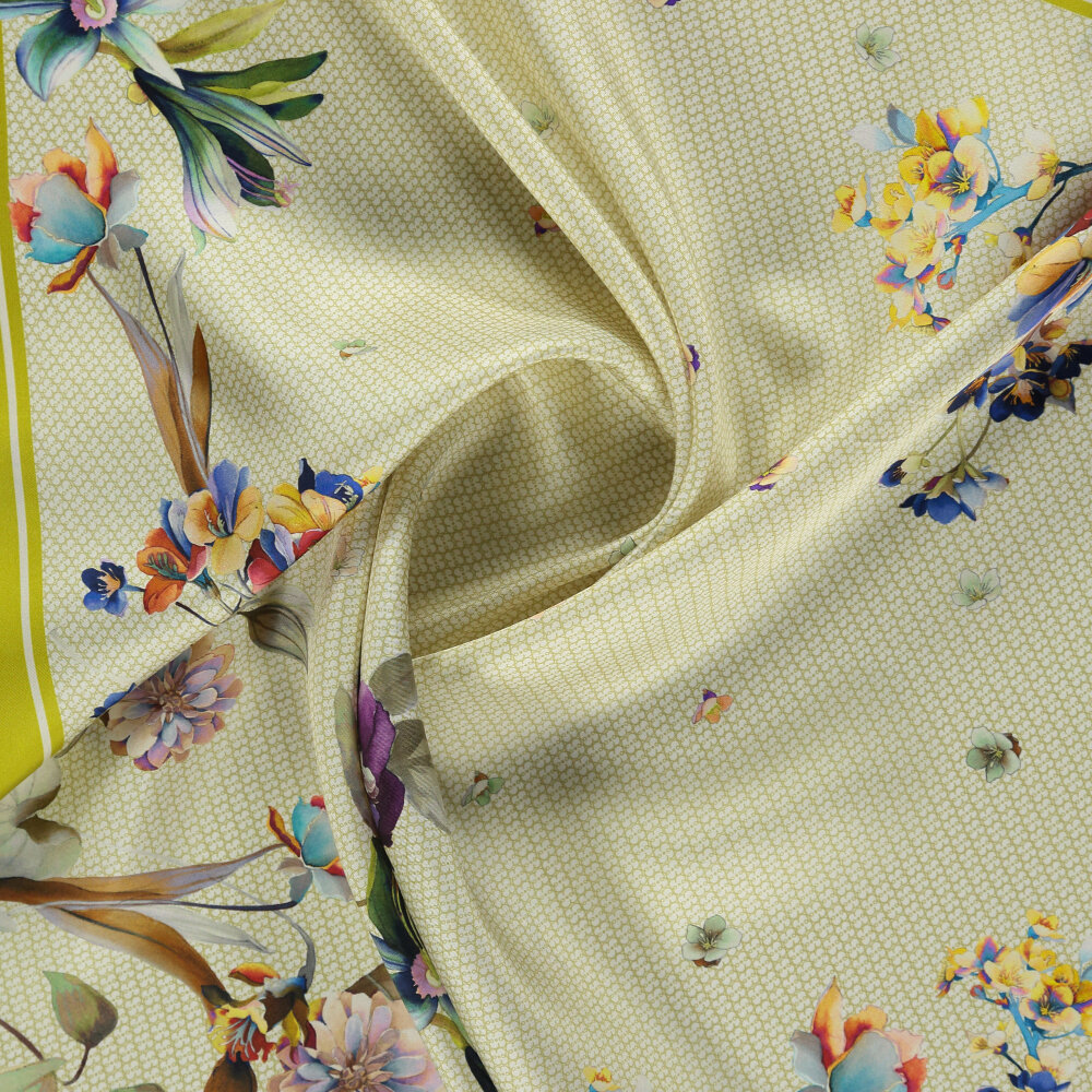 Aqua Green Monogram Flower Garden Patterned Silk Square Scarf - 2