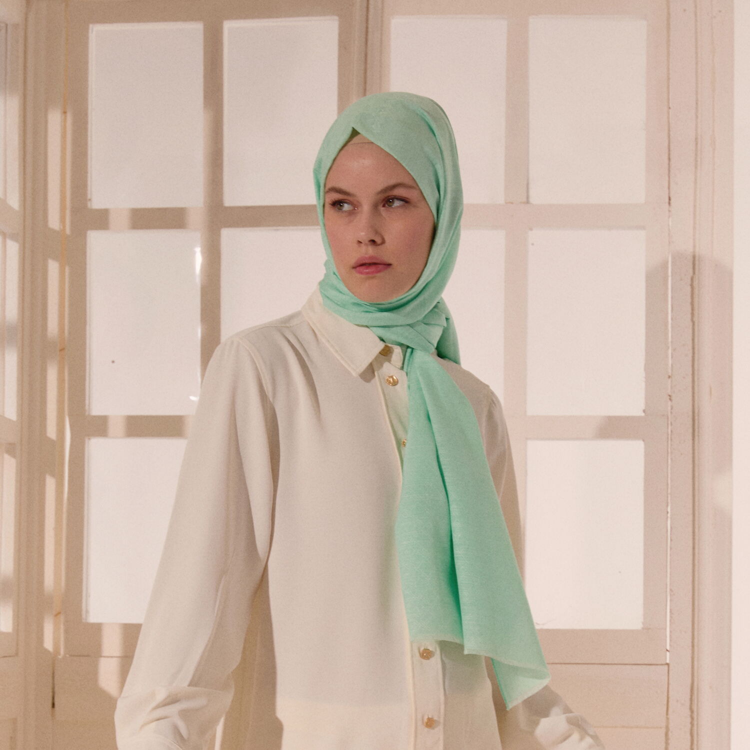 Aqua Green Monogram Pattern V Jacquard Cotton Silk Scarf - 5
