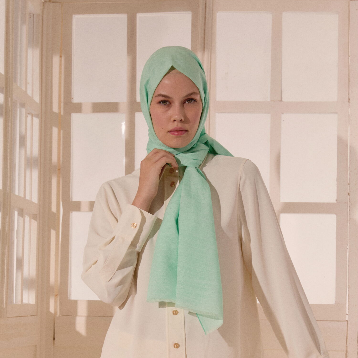 Aqua Green Monogram Pattern V Jacquard Cotton Silk Scarf - 6