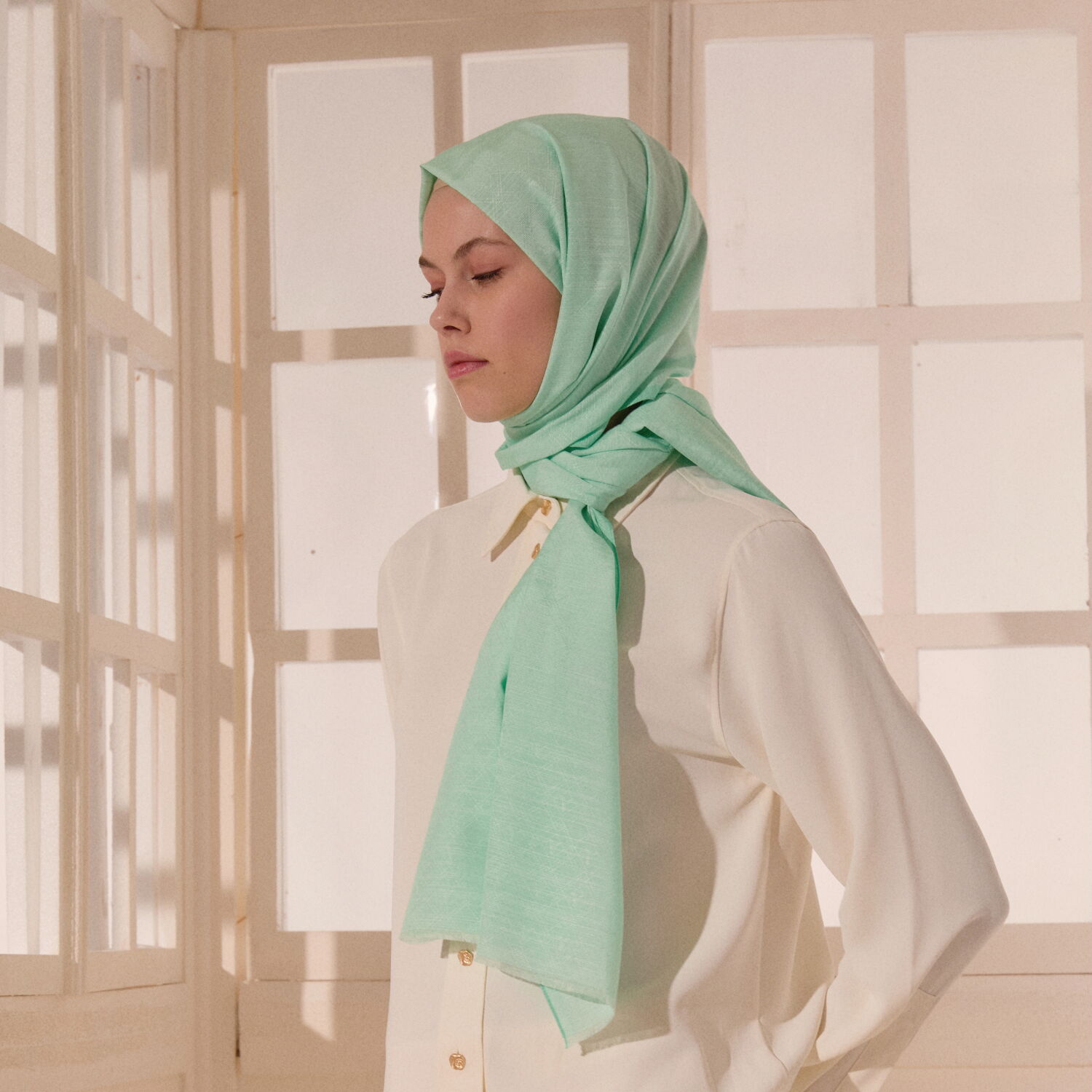 Aqua Green Monogram Pattern V Jacquard Cotton Silk Scarf - 4