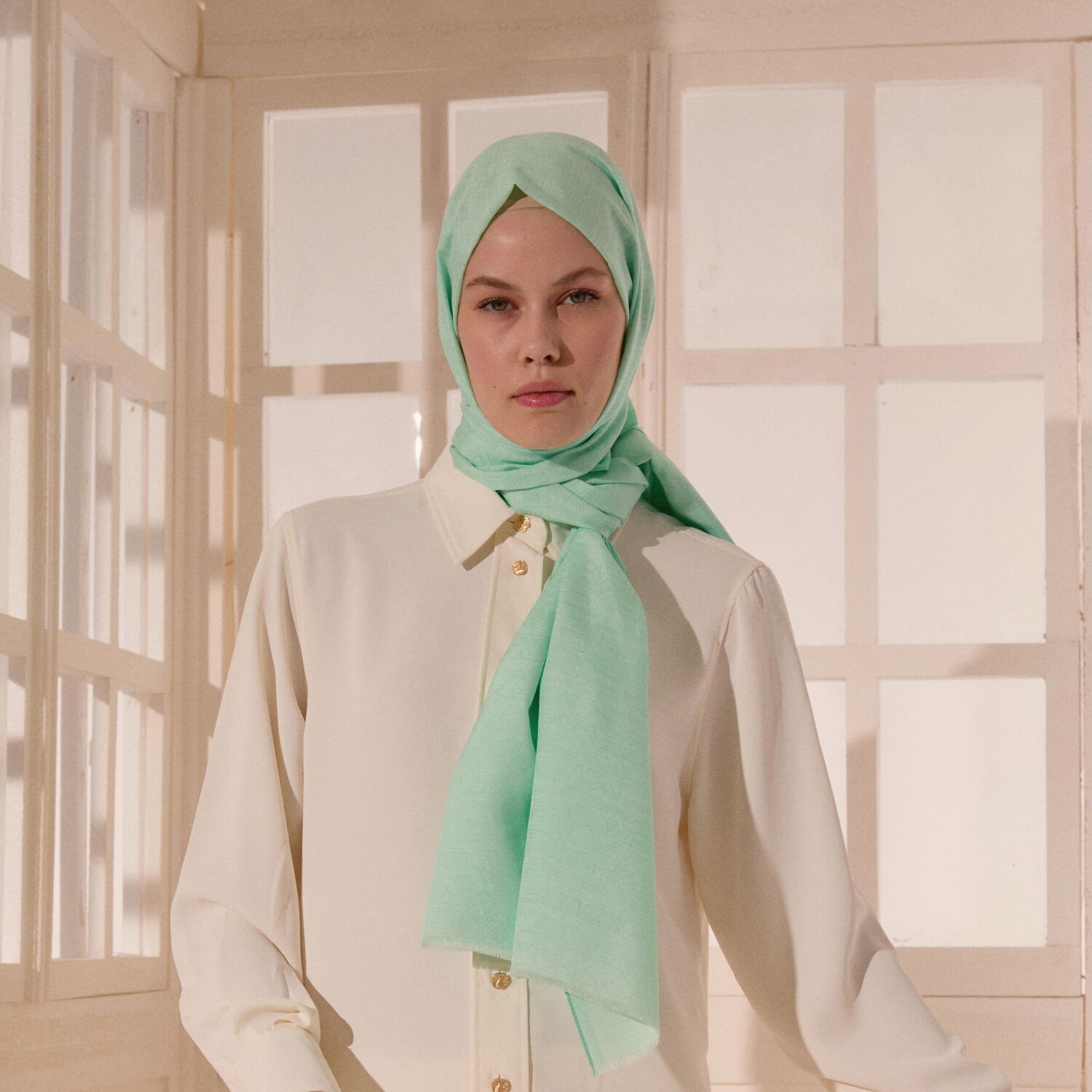 Aqua Green Monogram Pattern V Jacquard Cotton Silk Scarf - 3