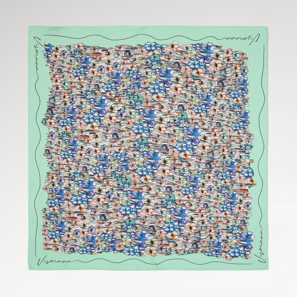 Aqua Green Spring Flower Patterned Twill Silk Square Scarf