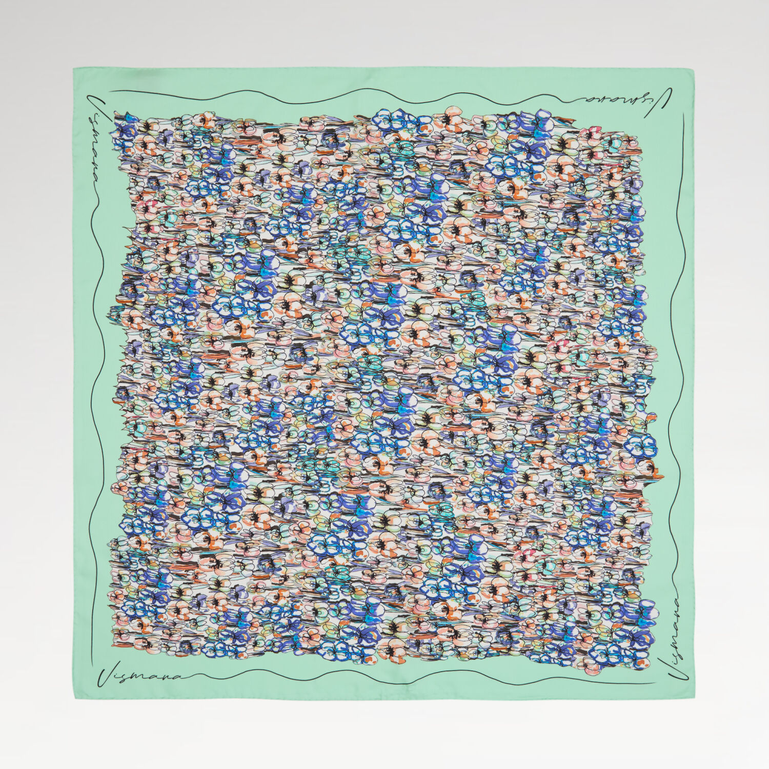 Aqua Green Spring Flower Patterned Twill Silk Square Scarf - 1