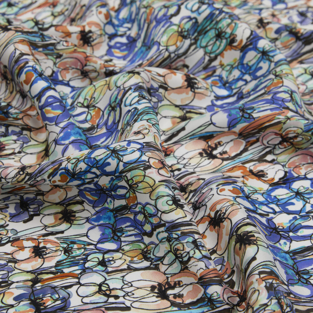 Aqua Green Spring Flower Patterned Twill Silk Square Scarf - Vismara