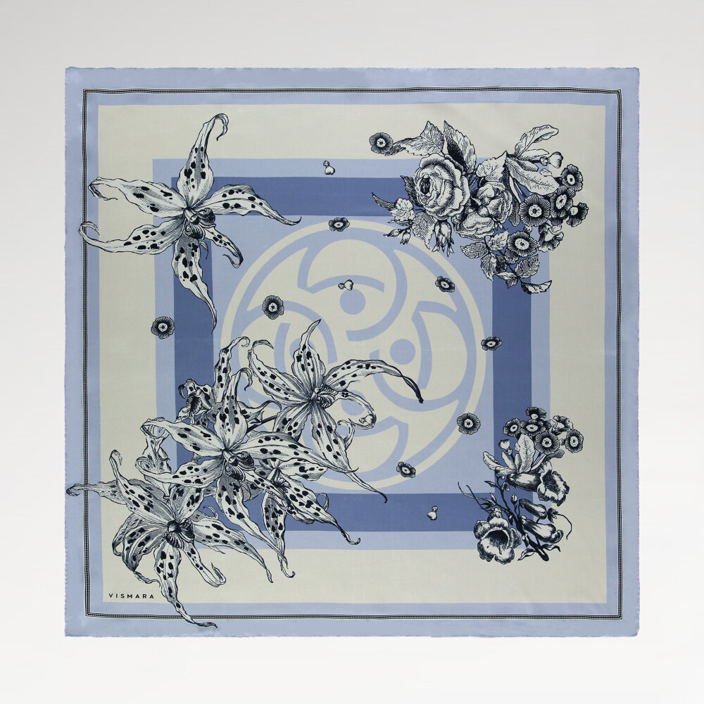 Baby Blue Monogram Flora Patterned Silk Square Scarf - 1
