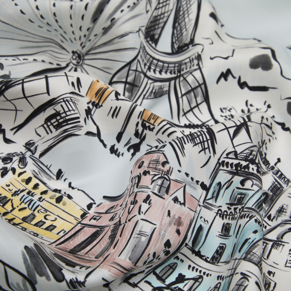 Baby Blue Parisian Patterned Twill Silk Square Scarf - Vismara
