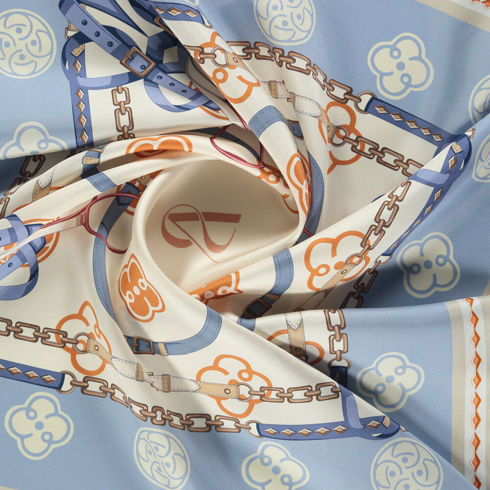 Bebe Mavisi Vismara Monogram Zincir Desenli İpek Eşarp - 2
