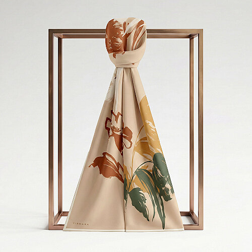 Beige Abstract Tulip Pattern Silk Scarf