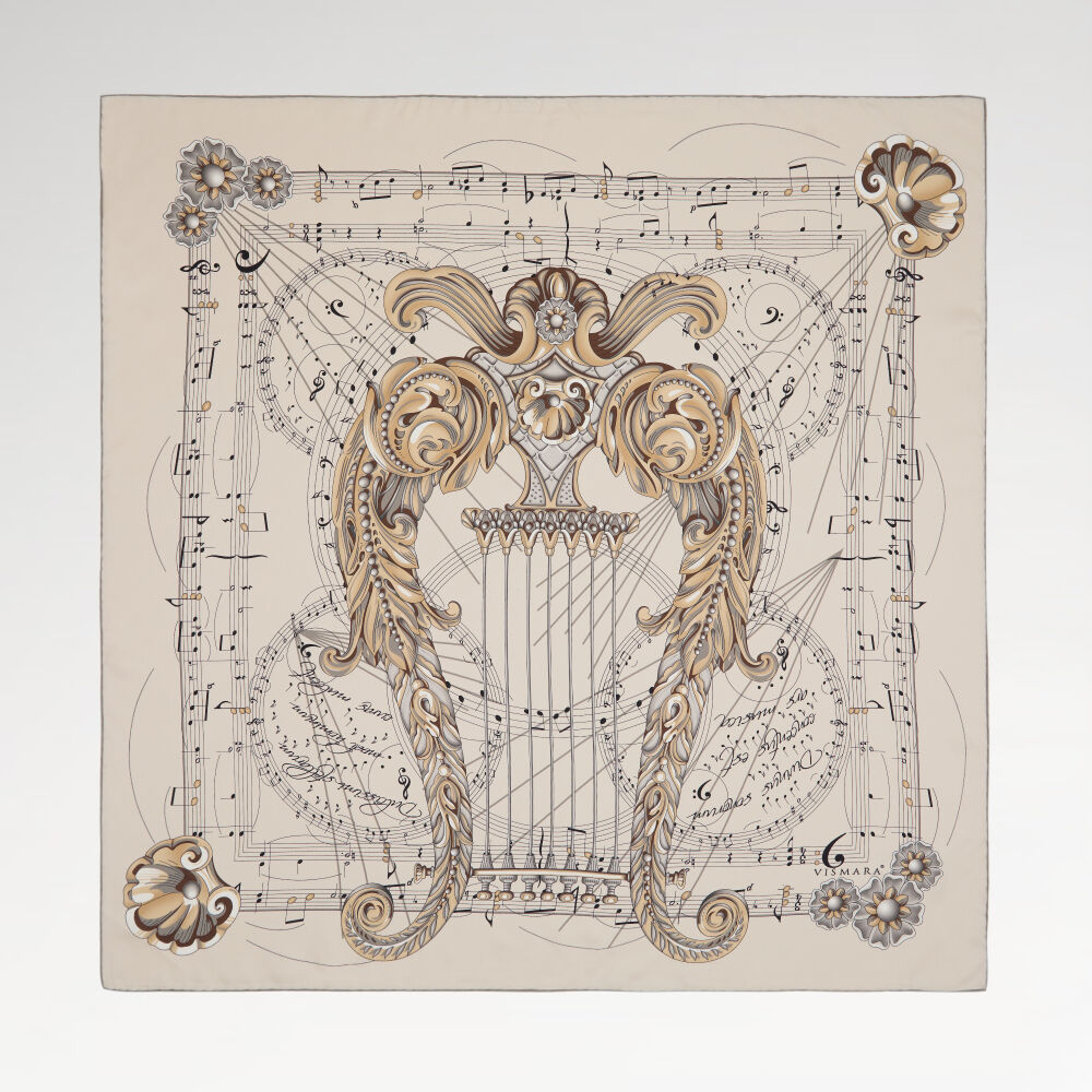 Beige Antique Lyre Pattern Twill Silk Square Scarf