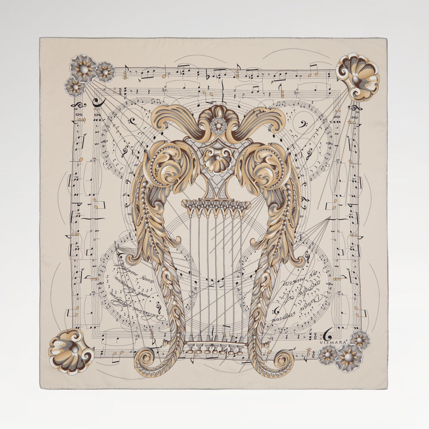 Beige Antique Lyre Pattern Twill Silk Square Scarf - 1