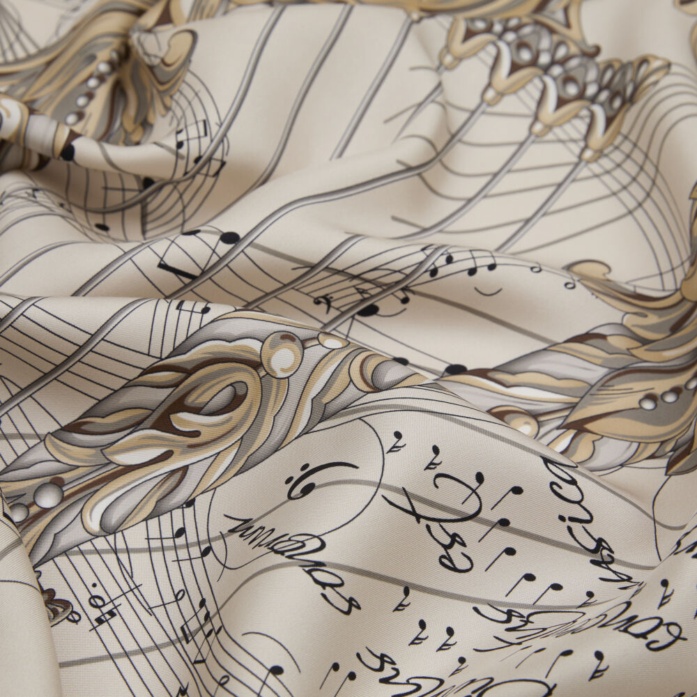 Beige Antique Lyre Pattern Twill Silk Square Scarf - Vismara