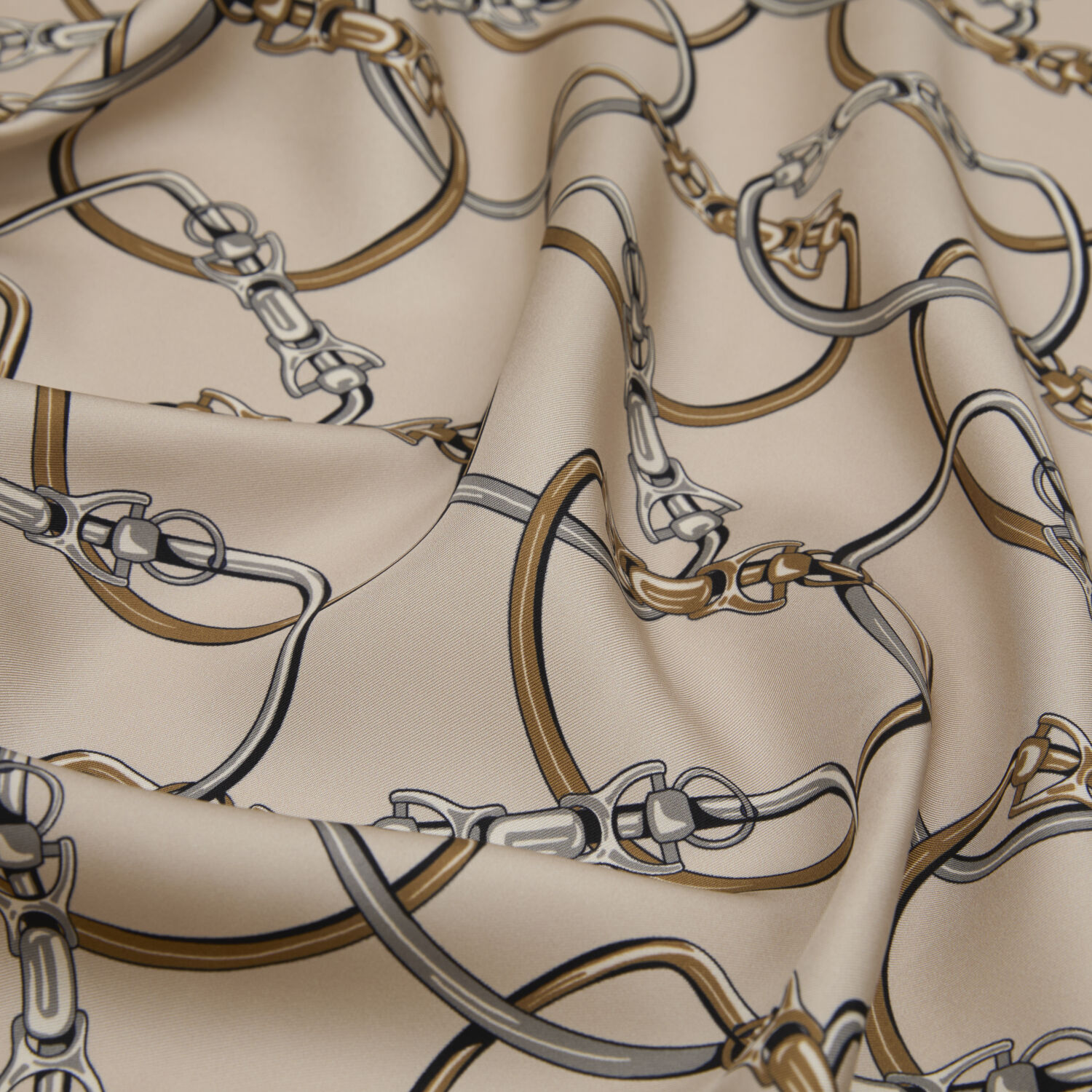 Beige Chain Pattern Twill Silk Square Scarf - 2