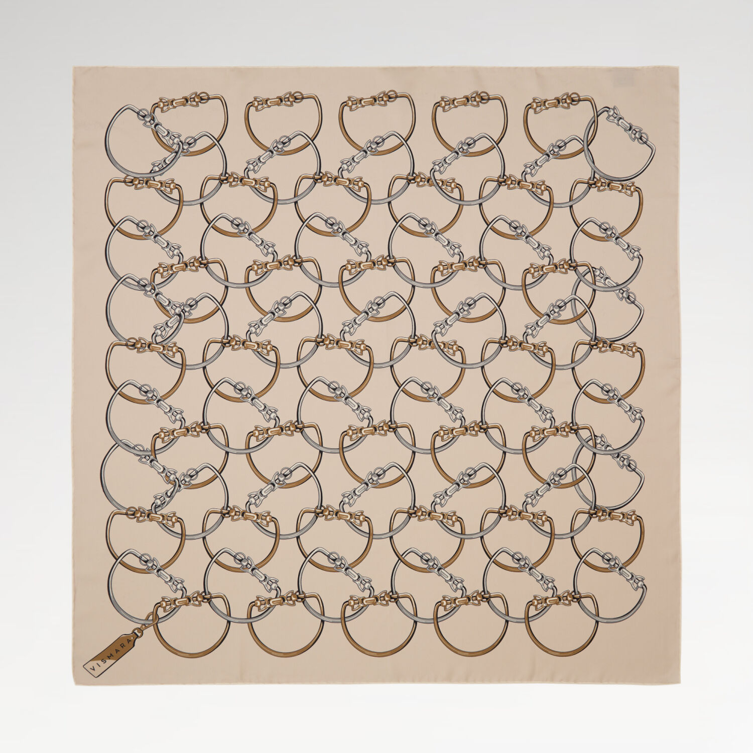 Beige Chain Pattern Twill Silk Square Scarf - 1
