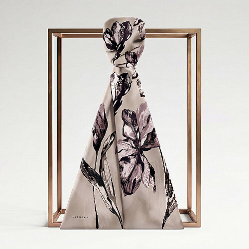 Beige Charcoal Lily Patterned Silk Scarf - Vismara
