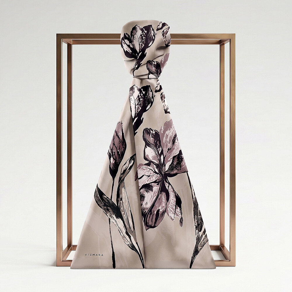 Beige Charcoal Lily Patterned Silk Scarf - 1
