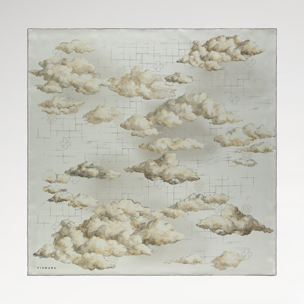 Beige Cloud Dance Patterned Silk Square Scarf - 1