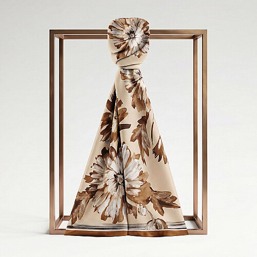 Beige Coffee Chrysanthemum Breeze Patterned Silk Scarf - Vismara