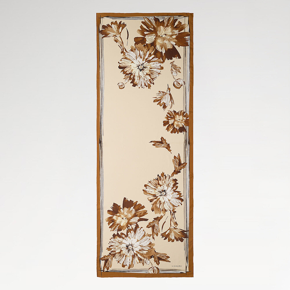 Beige Coffee Chrysanthemum Breeze Patterned Silk Scarf - 2