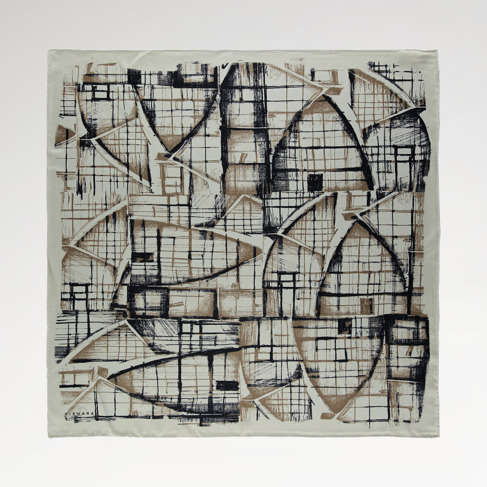 Beige Contour Pattern Twill Silk Square Scarf