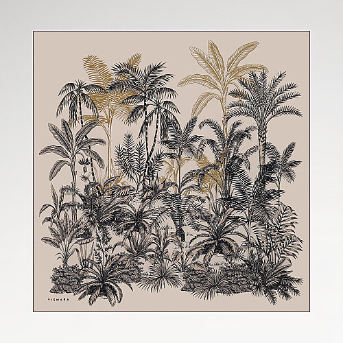 Beige Exotic Oasis Patterned Twill Silk Square Scarf