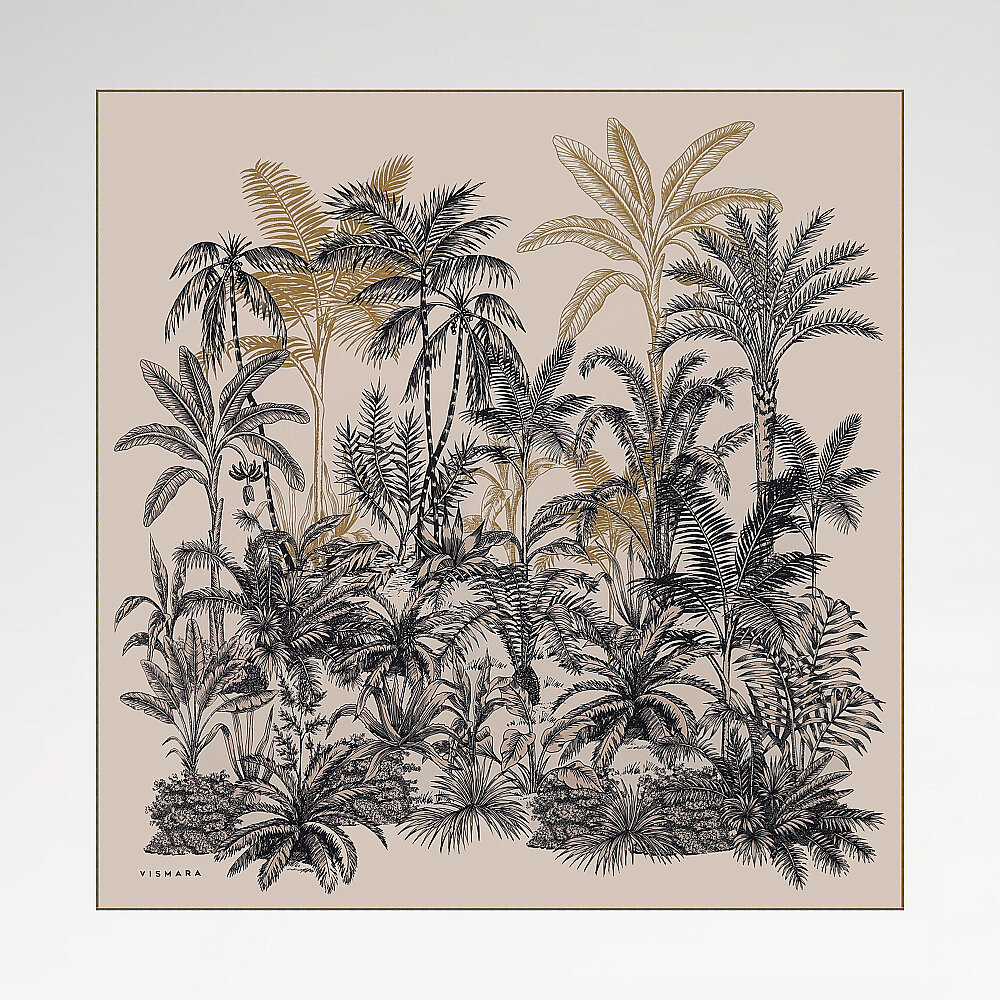 Beige Exotic Oasis Patterned Twill Silk Square Scarf - 1