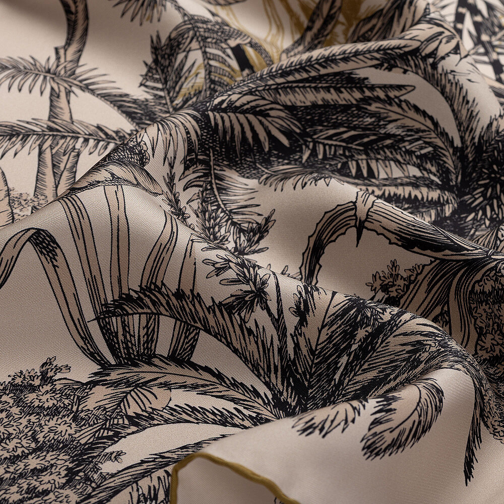 Beige Exotic Oasis Patterned Twill Silk Square Scarf - 2