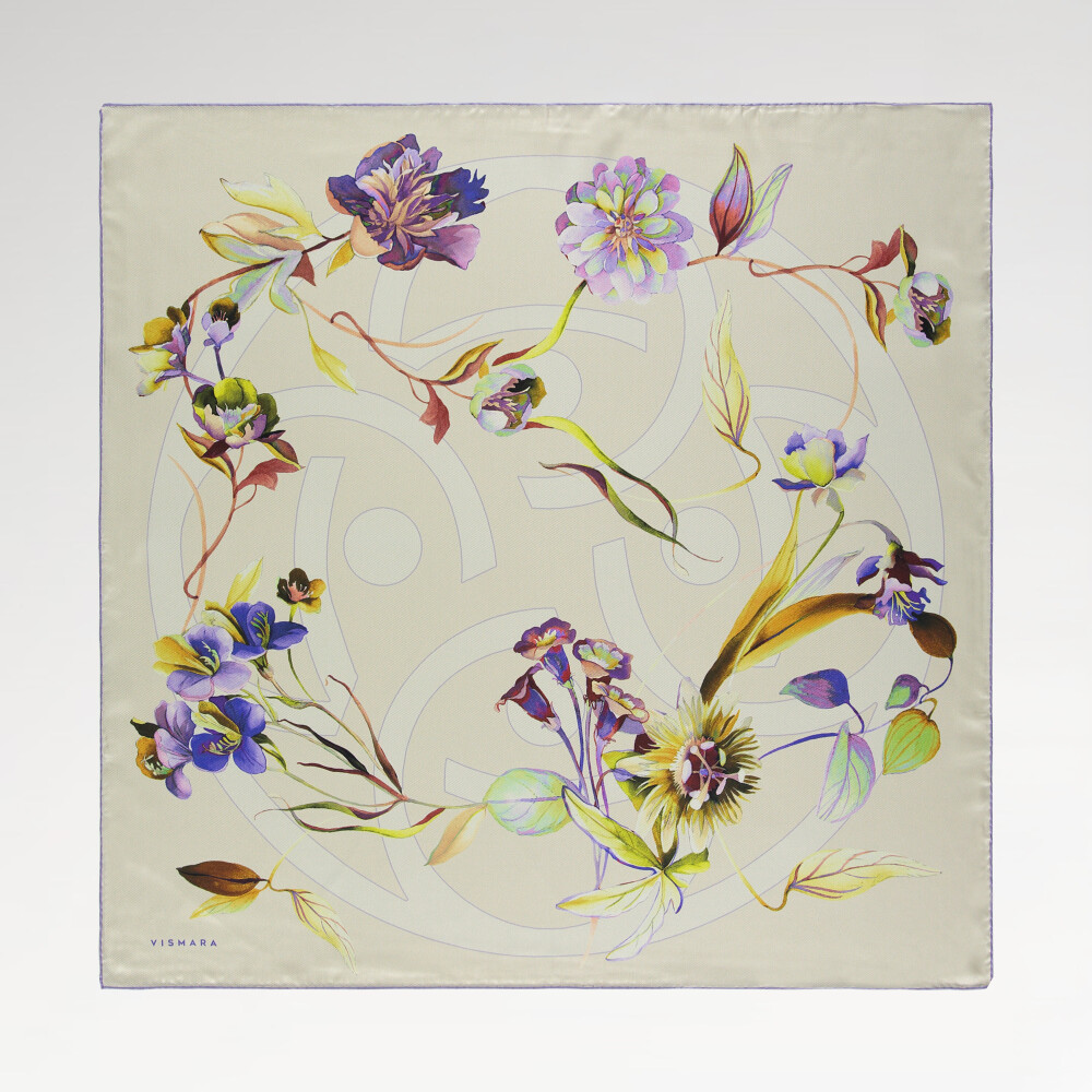 Beige Flora Symbol Pattern Twill Silk Square Scarf