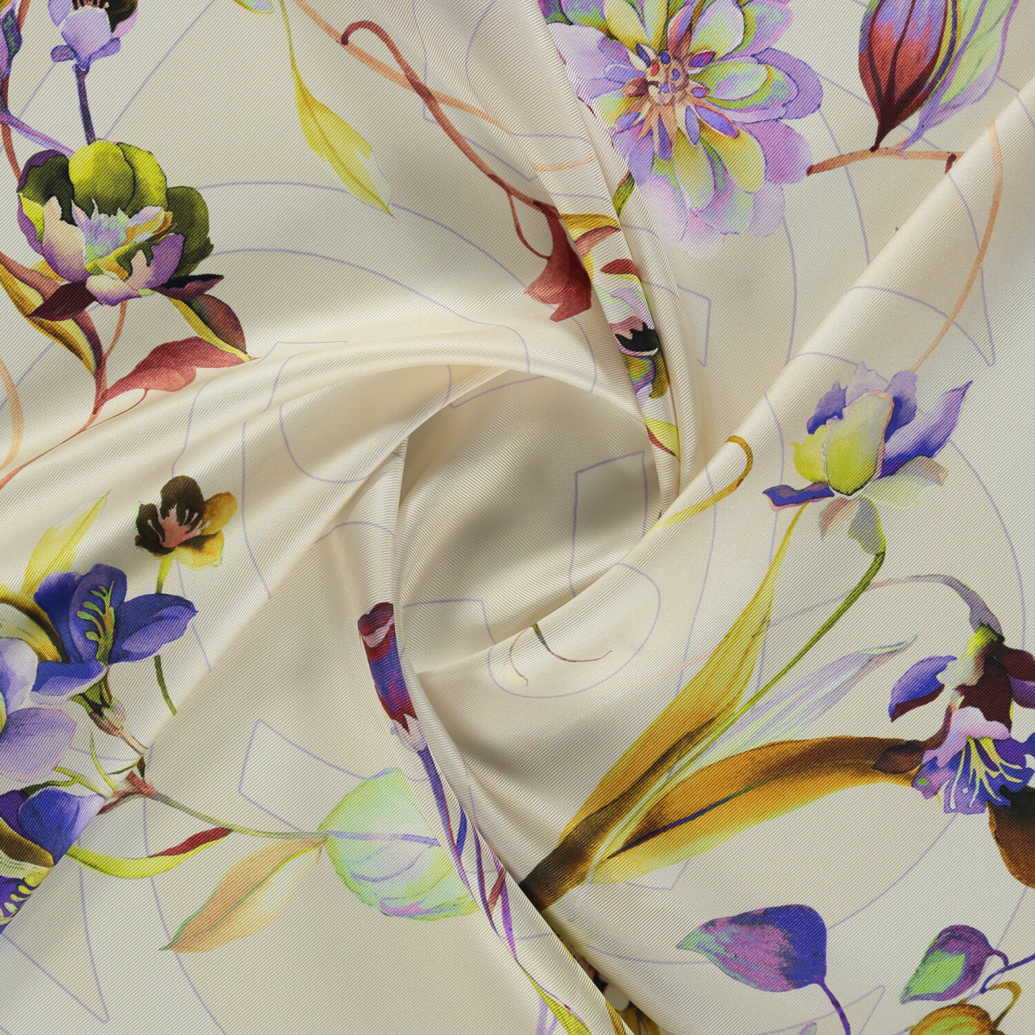 Beige Flora Symbol Pattern Twill Silk Square Scarf - 2