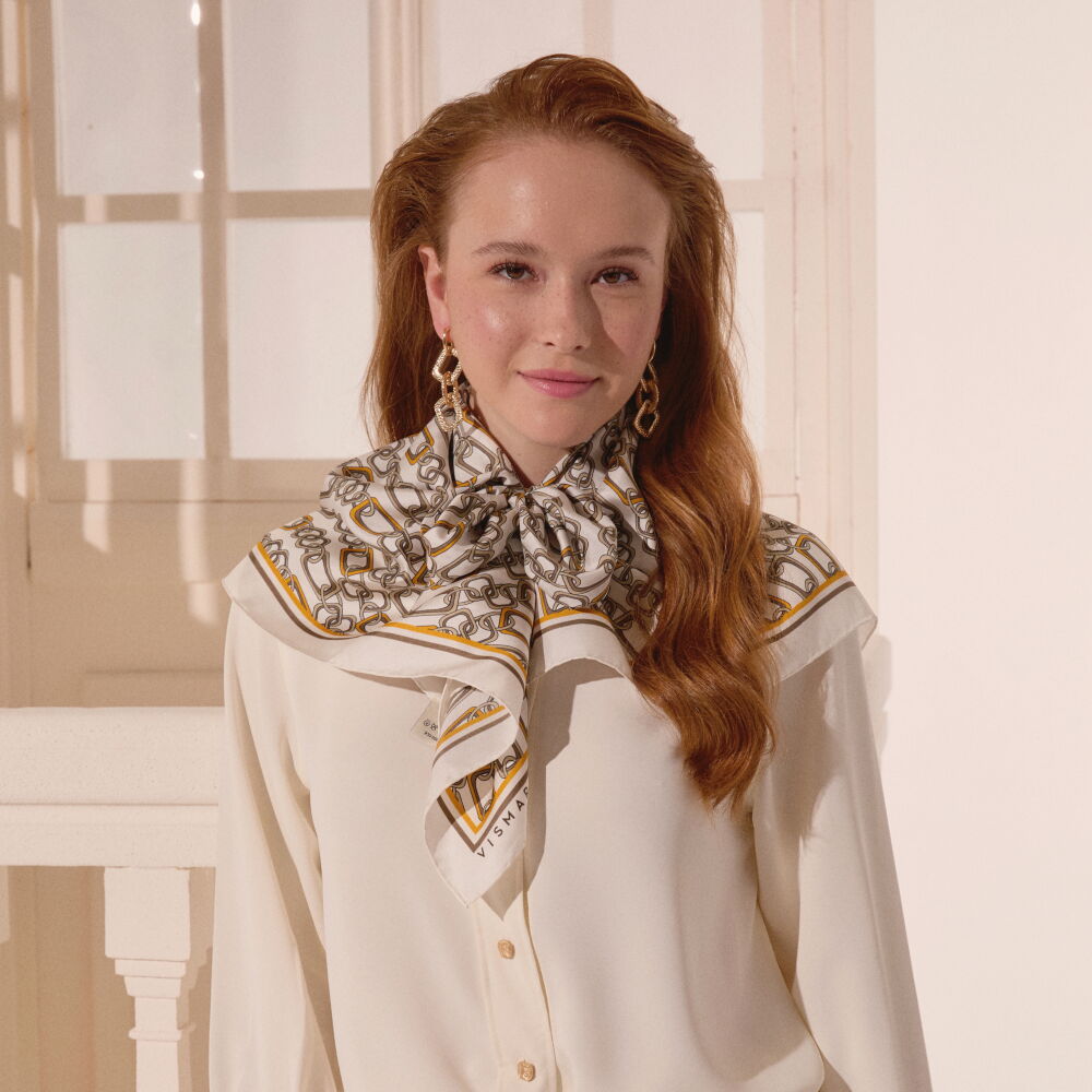 Beige Modern Chain Pattern Twill Silk Square Scarf - Vismara