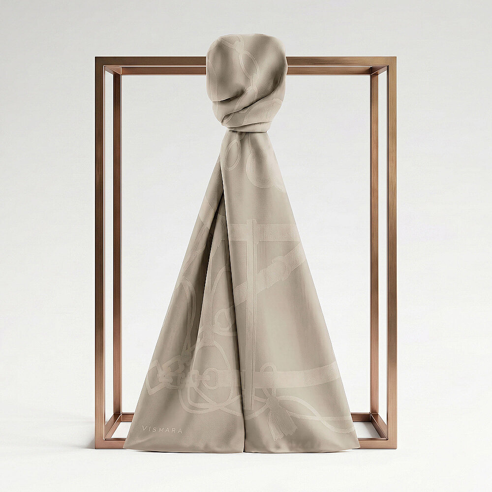 Beige Monarque Chain Pattern Jacquard Cotton Silk Scarf - 1