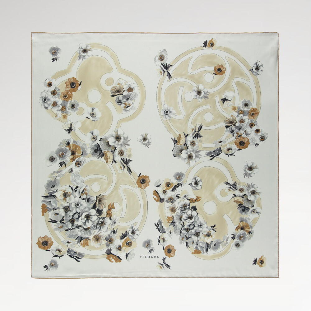 Beige Primavera Pattern Twill Silk Square Scarf