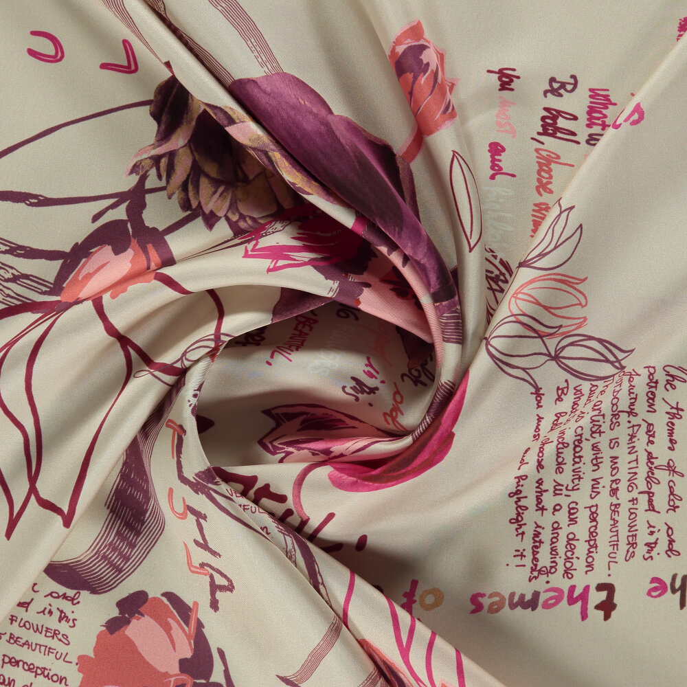 Beige Silk Square Scarf with Handwritten Floral Harmony Pattern - 2