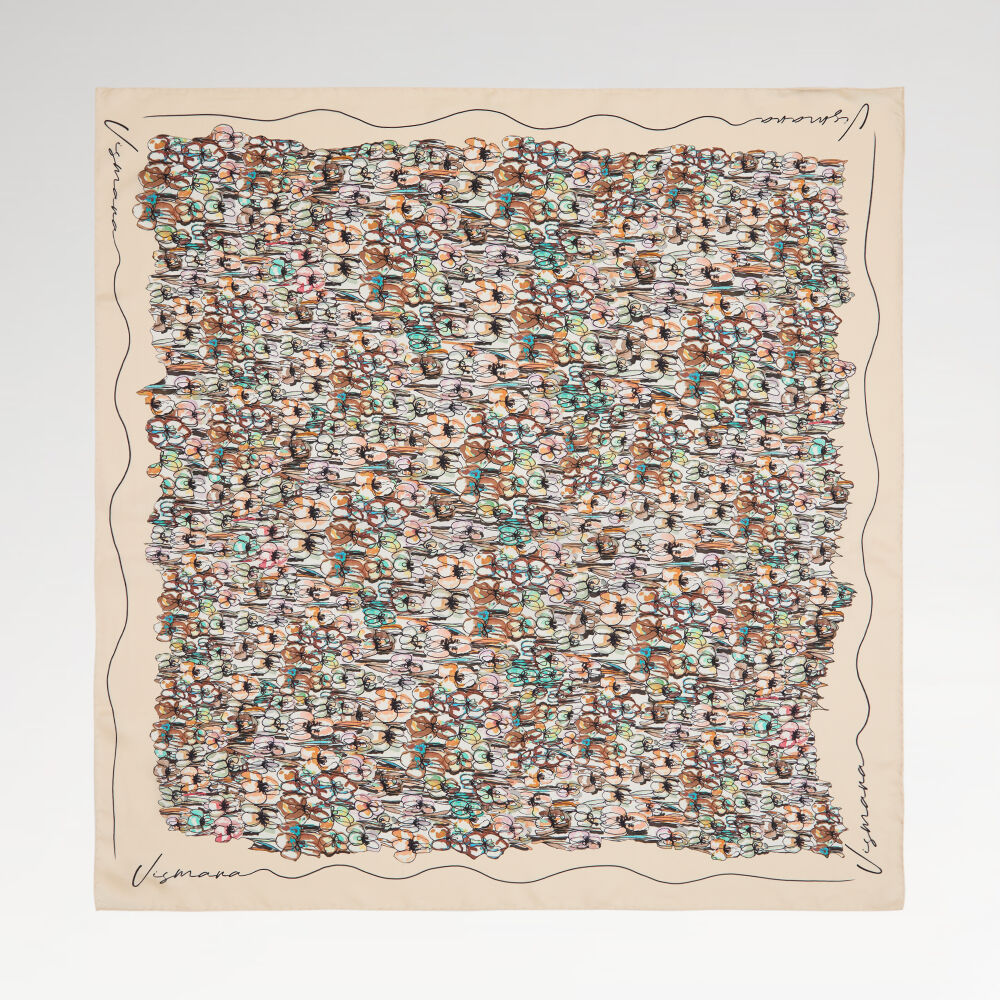 Beige Spring Flowers Patterned Twill Silk Square Scarf
