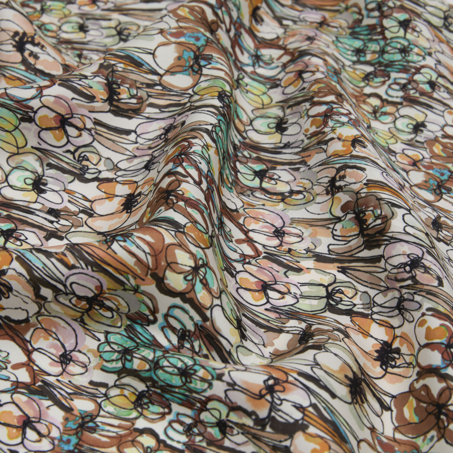 Beige Spring Flowers Patterned Twill Silk Square Scarf - 2