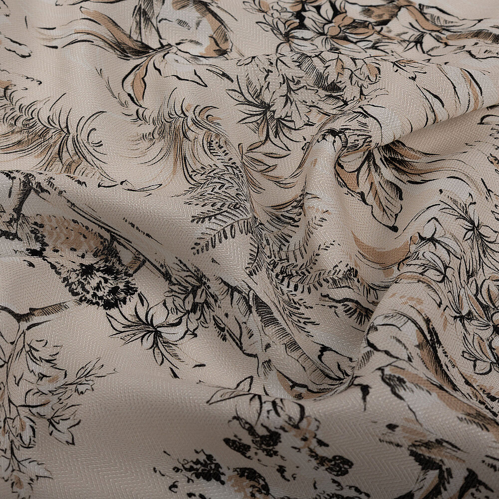Beige Toile Garden Pattern Silk Scarf - 3