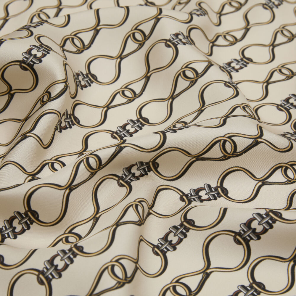 Beige Vector Chain Pattern Twill Silk Square Scarf - Vismara
