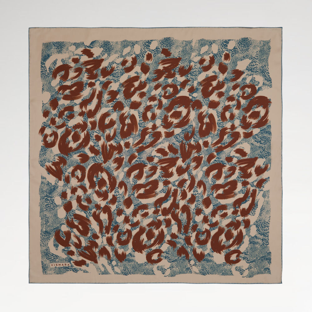 Bej Petrol Leopar Desenli Twill İpek Eşarp
