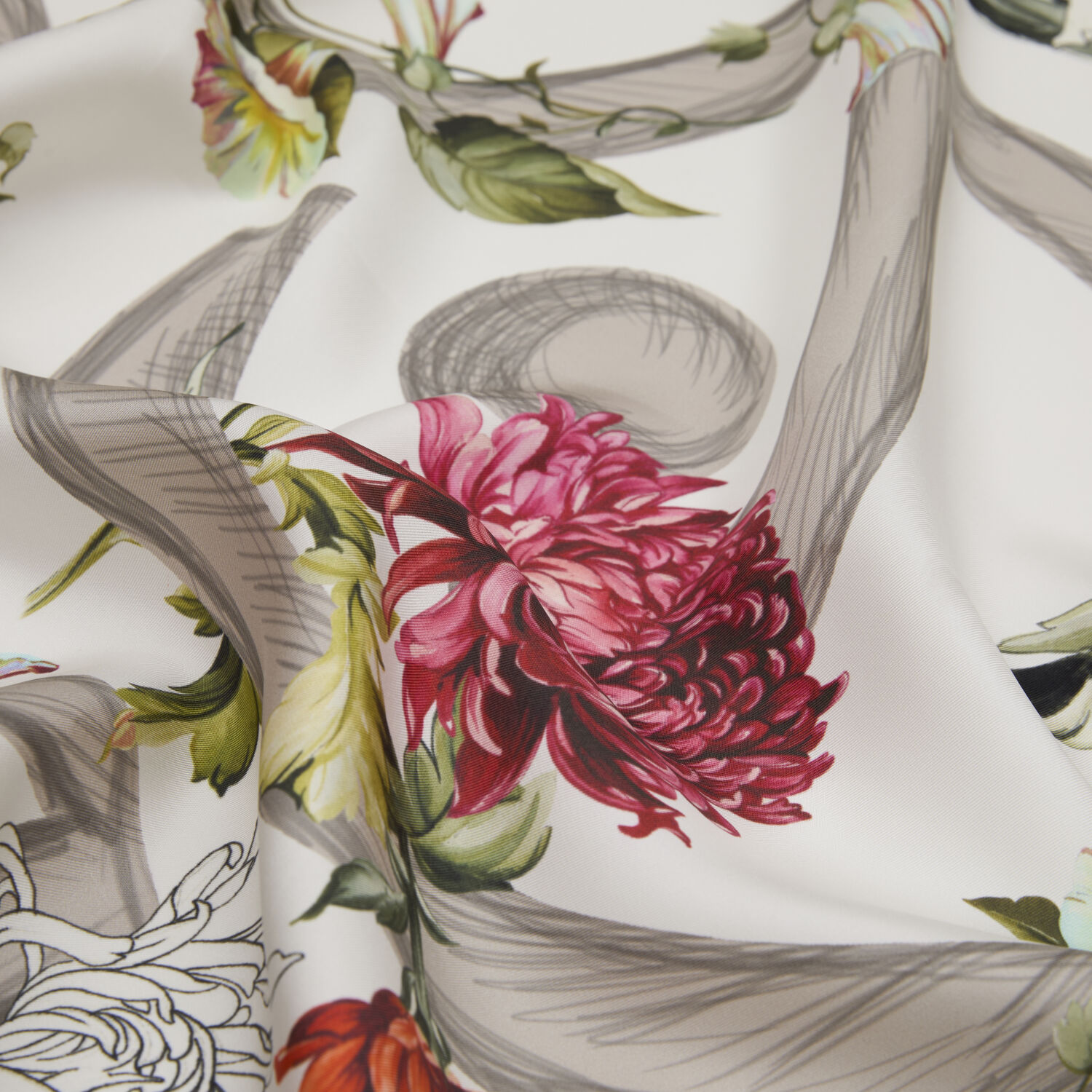 Beyaz Çiçeklerin Büyüsü Desenli Twill İpek Eşarp - 2