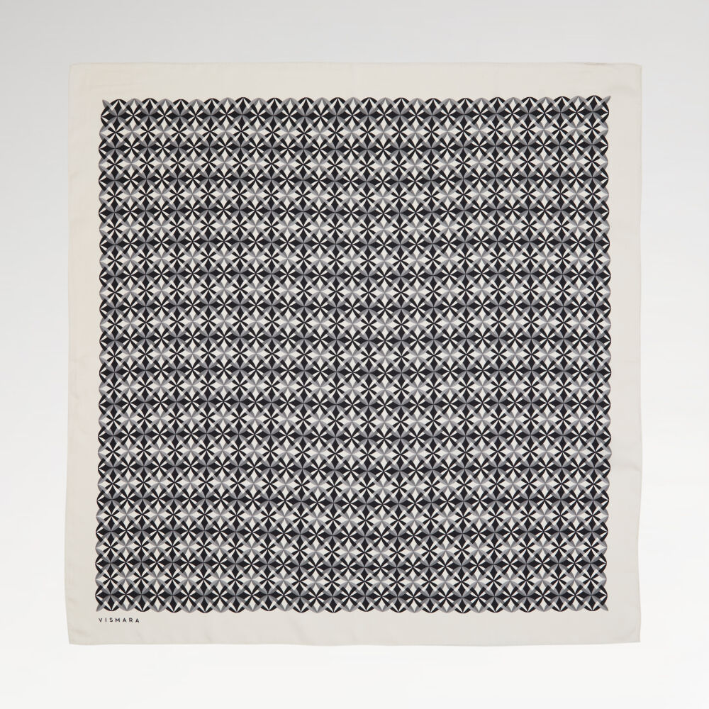 Beyaz Diamond Line Retro Desen Twill İpek Eşarp