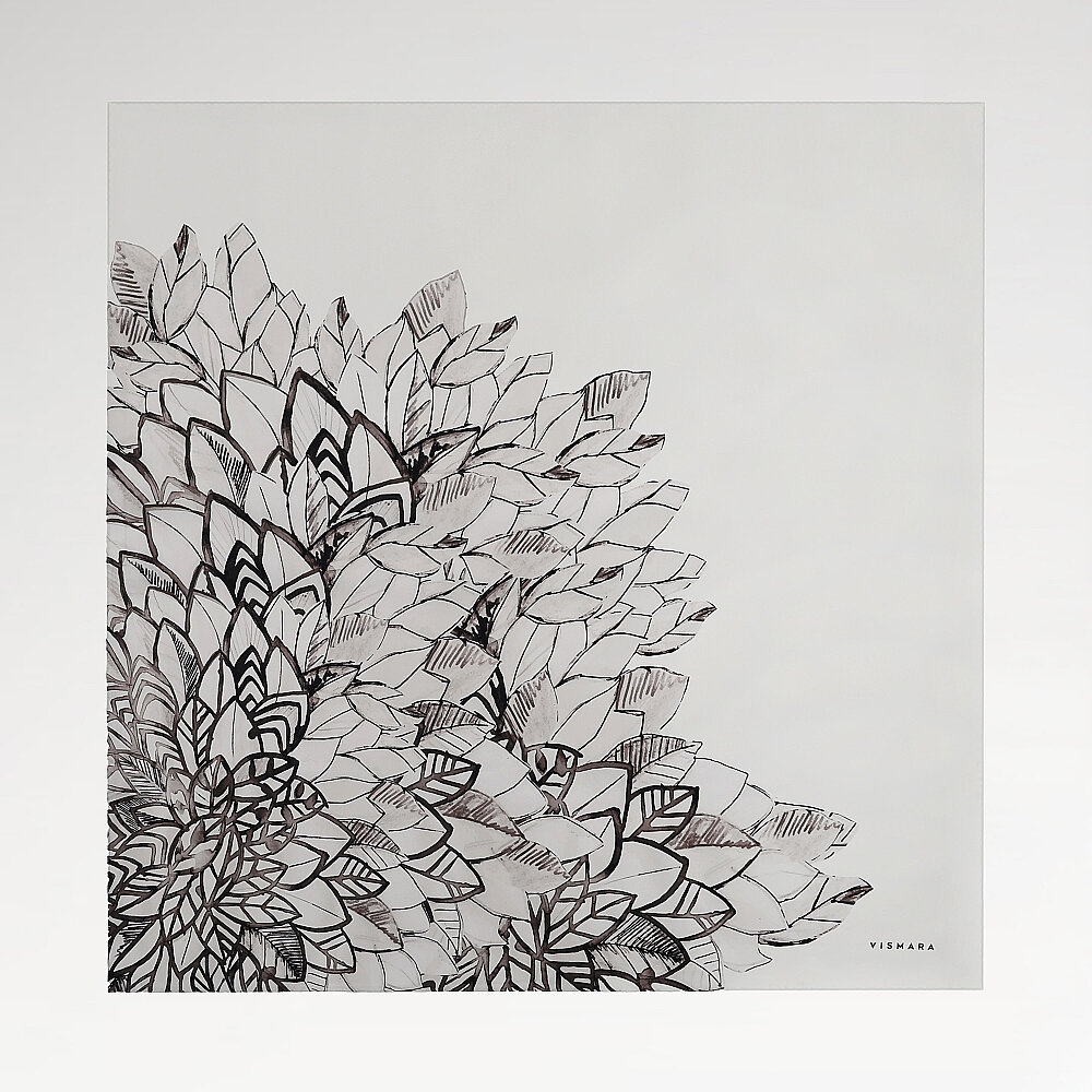 Beyaz Floral Yaprak Desenli Twill İpek Eşarp - 1