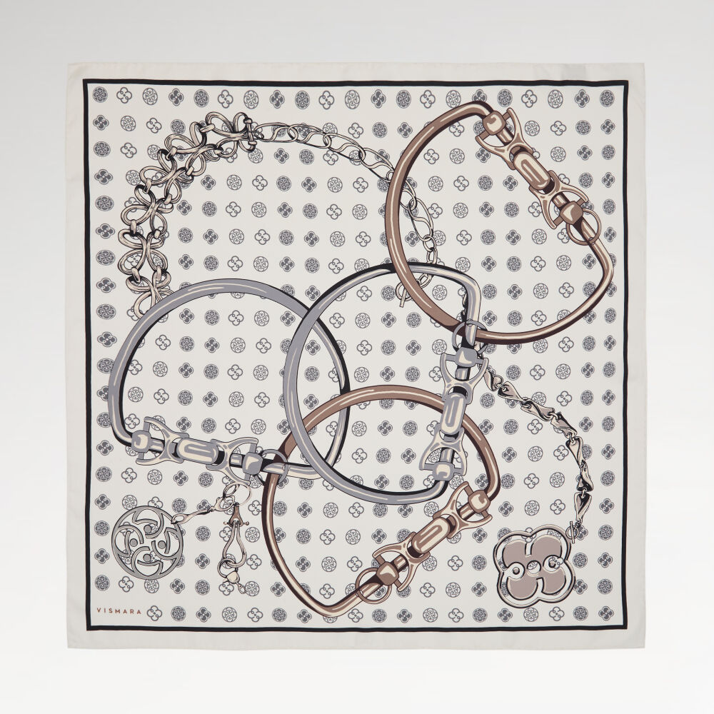 Beyaz Vismara Harness Desenli Twill İpek Eşarp