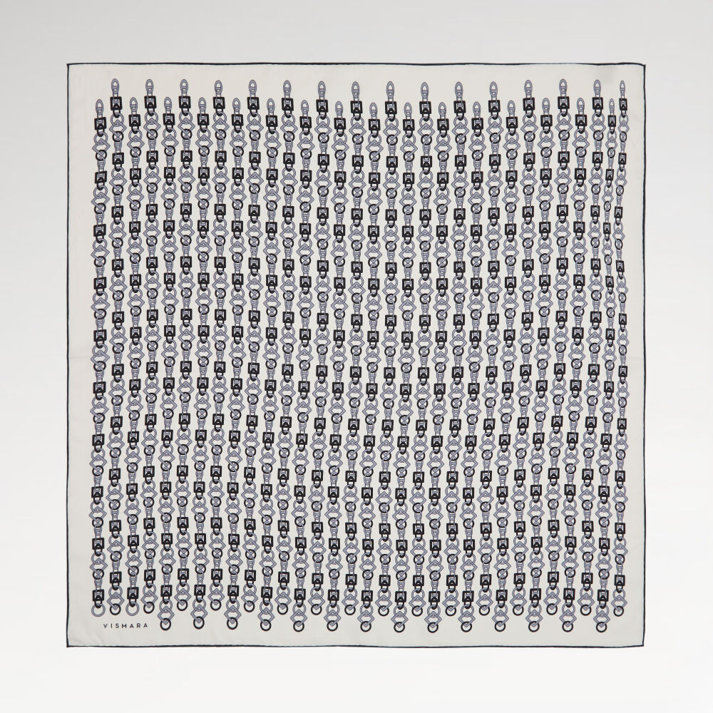 Beyaz Zincir Motif Desenli Twill İpek Eşarp