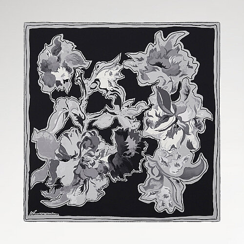 Black Abstract Flora Pattern Twill Silk Square Scarf