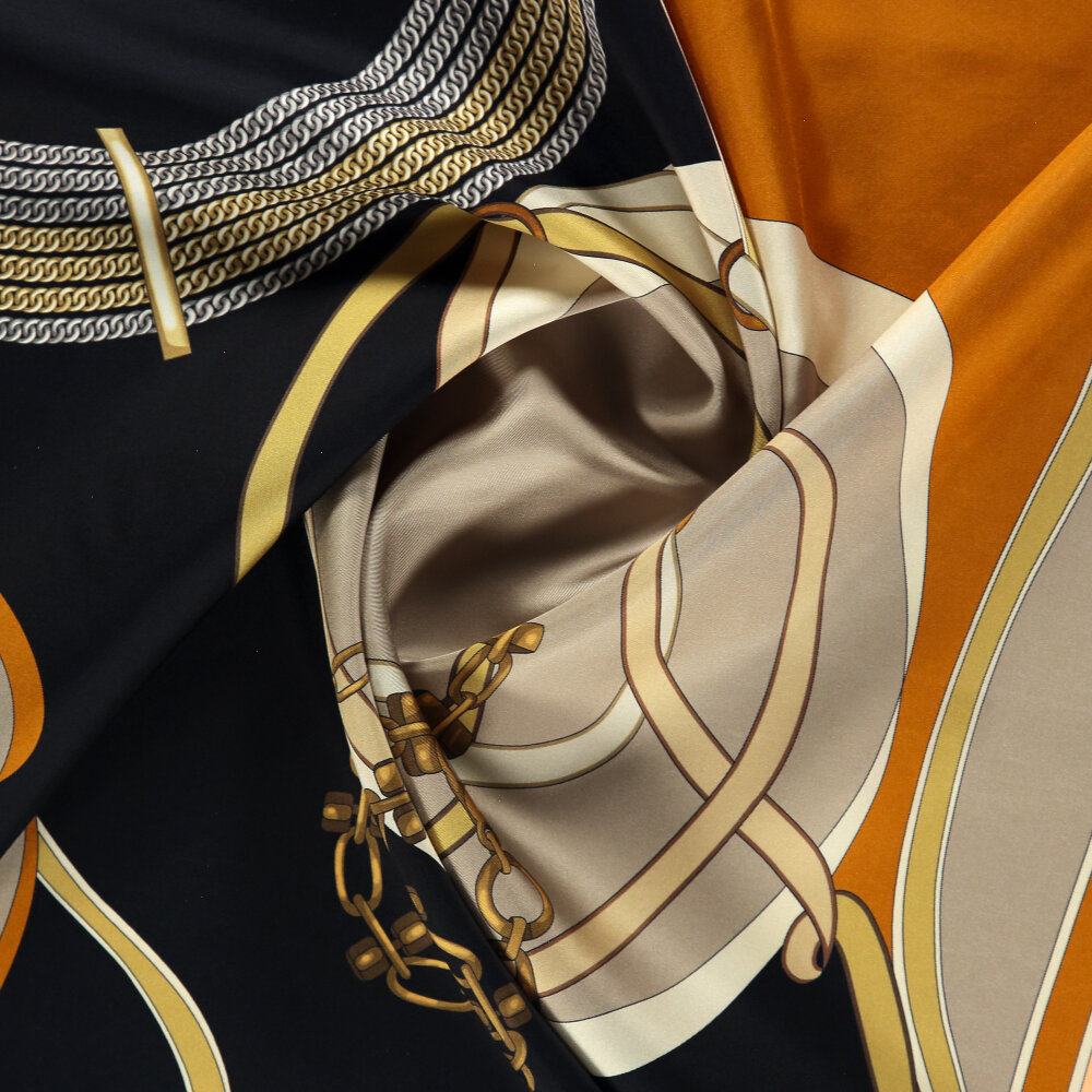Black and Beige Chain Harmony Patterned Silk Square Scarf - 2