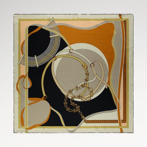 Black and Beige Chain Harmony Patterned Silk Square Scarf